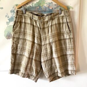 Tommy Bahama Mens Shorts Plaid 100% Linen Brown Tan 11” Inseam Size 38